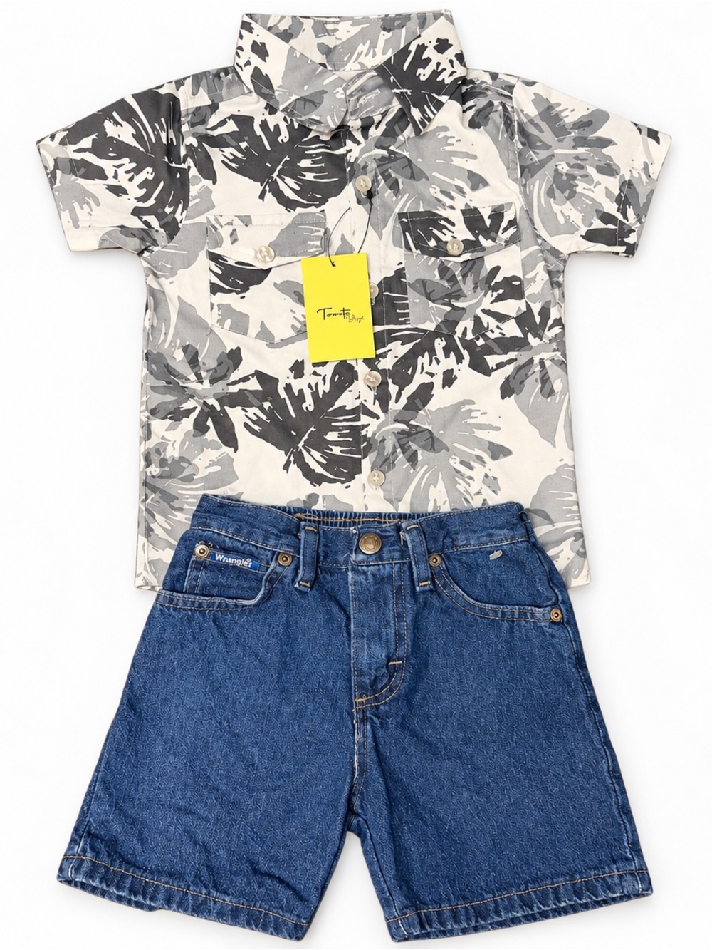Boys' Gray & White Tropical Short-Sleeve Button Down and Jean Short Bundle